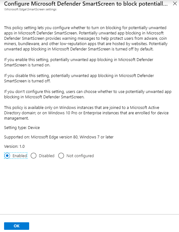 Configure Microsoft Defender SmartScreen to block potentially unwanted apps setting